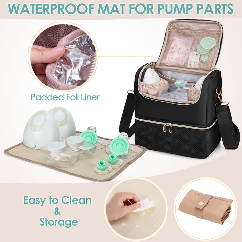 Fasrom Breast Pump Bag with Cooler Compartment Compatible with Momcozy, Medela and Willow Hands Free Pump, Pumping Tote with Waterproof Mat, Black - Image 3